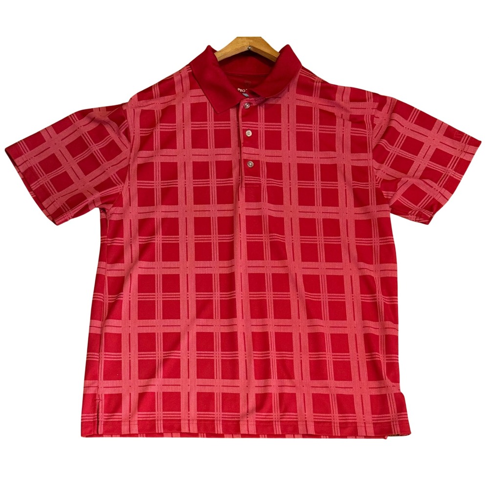 Pro Tour Polo Short Sleeve‎ Golf Shirt CoolPlay Plaid Polyester Red Mens Large